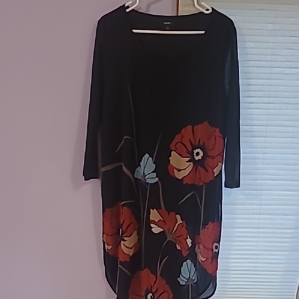Alfani Black Tunic with Red and Blue Floral Design